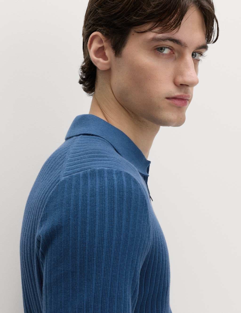 Marks & Spencer M&S Cotton Rich Ribbed Knitted Zip Up Polo Shirt Dark Marine