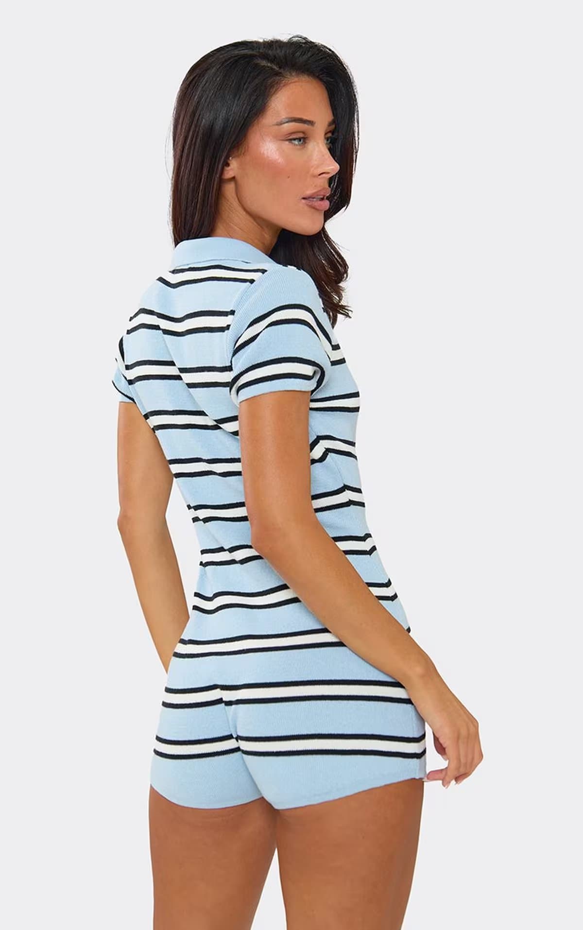 EGO Short Sleeve Button Down Collared Playsuit In Blue Stripe Knit, Women's Size UK S
