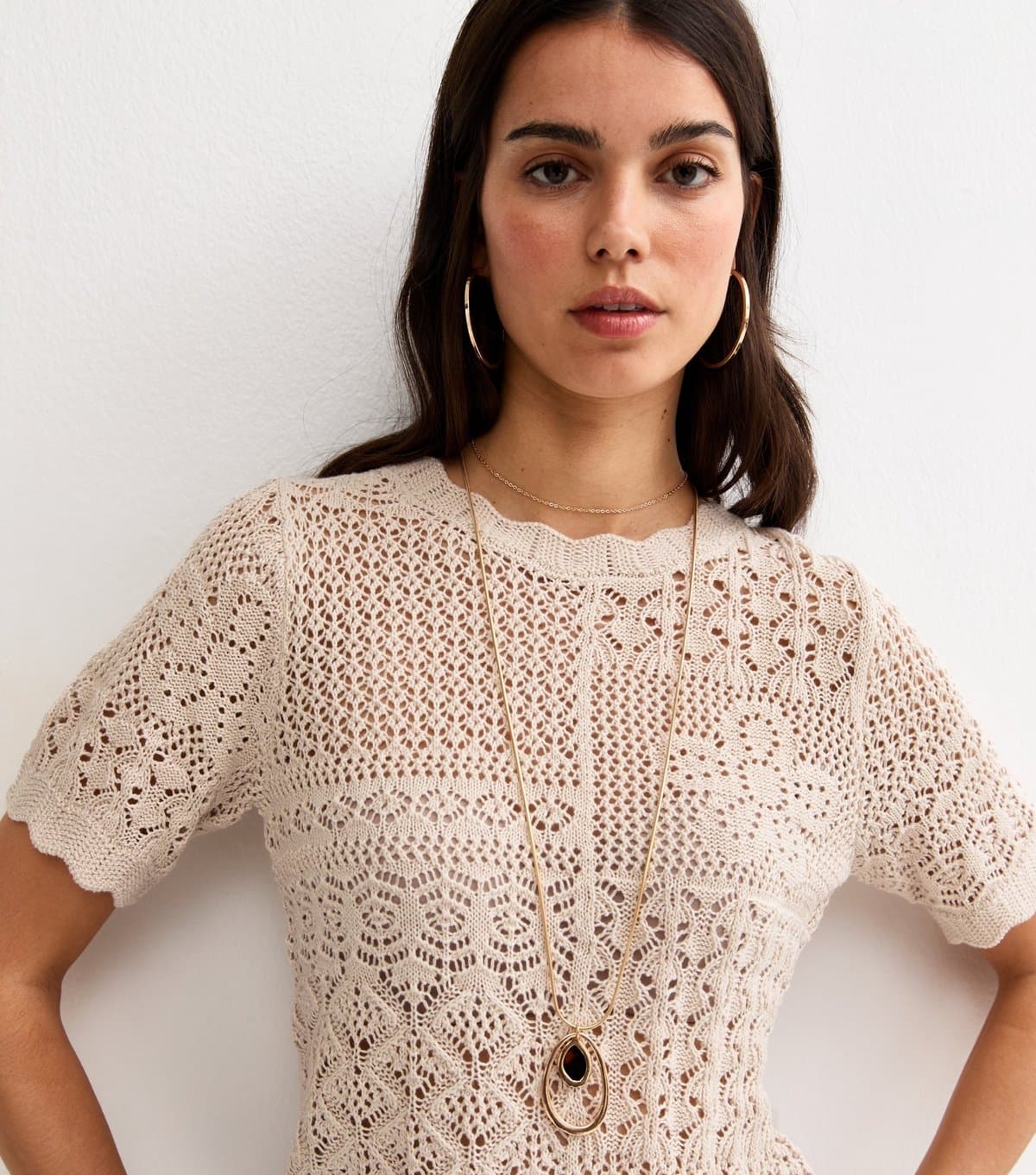 New Look New Look Cream Cotton Rich Pointelle Patchwork Top