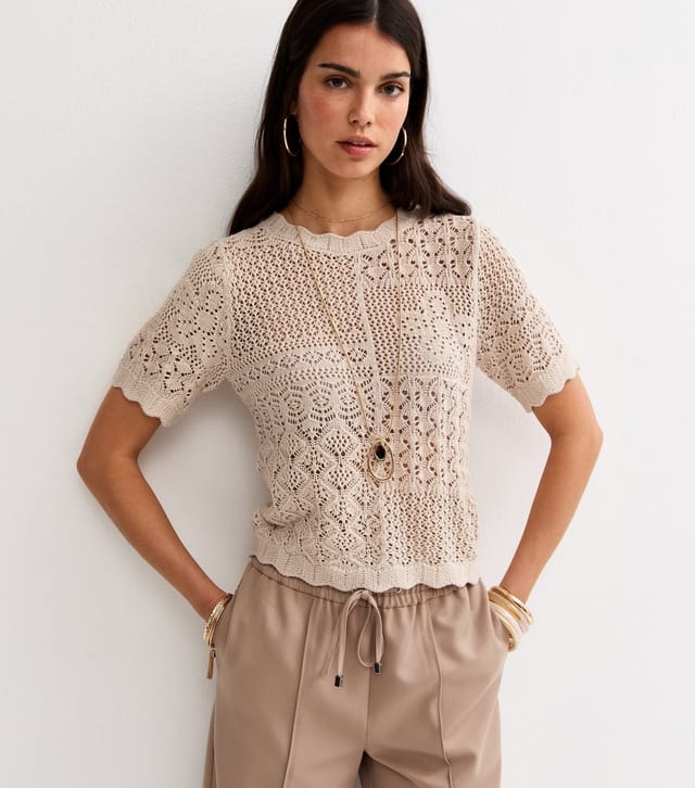 New Look Women's Oatmeal Cotton Rich Pointelle Patchwork Short Sleeve Top New Look - 2