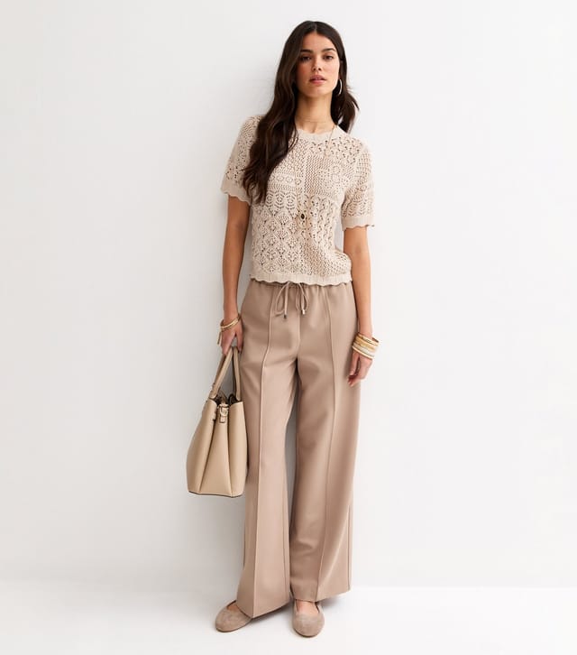 New Look Women's Oatmeal Cotton Rich Pointelle Patchwork Short Sleeve Top New Look - 3