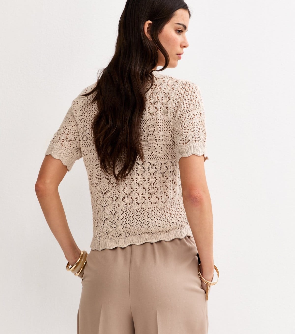 New Look Women's Oatmeal Cotton Rich Pointelle Patchwork Short Sleeve Top New Look - 4