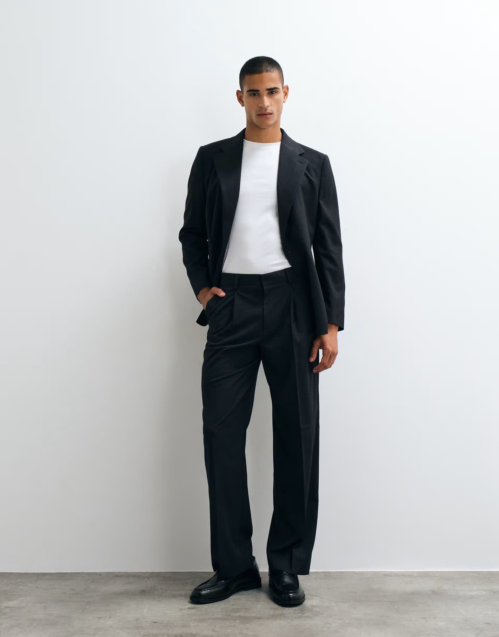 ASOS ASOS DESIGN wide denim look suit trouser with pleat in black washable wool