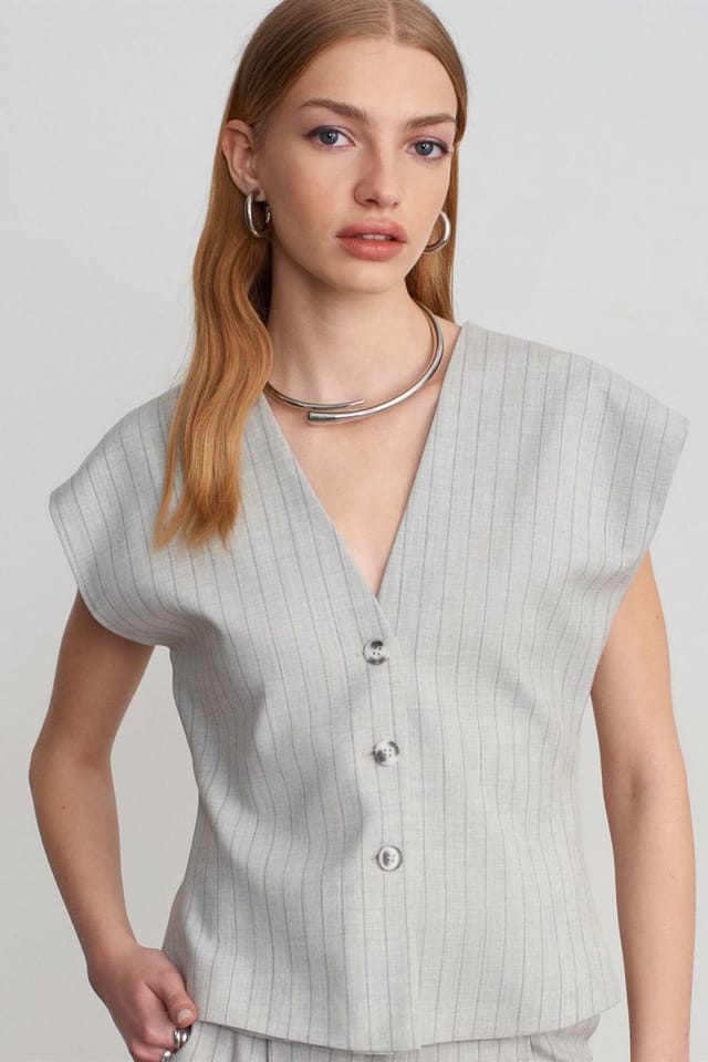 Dilvin Dilvin Women's Striped V-neck Woven Waistcoat in Light Grey - 3