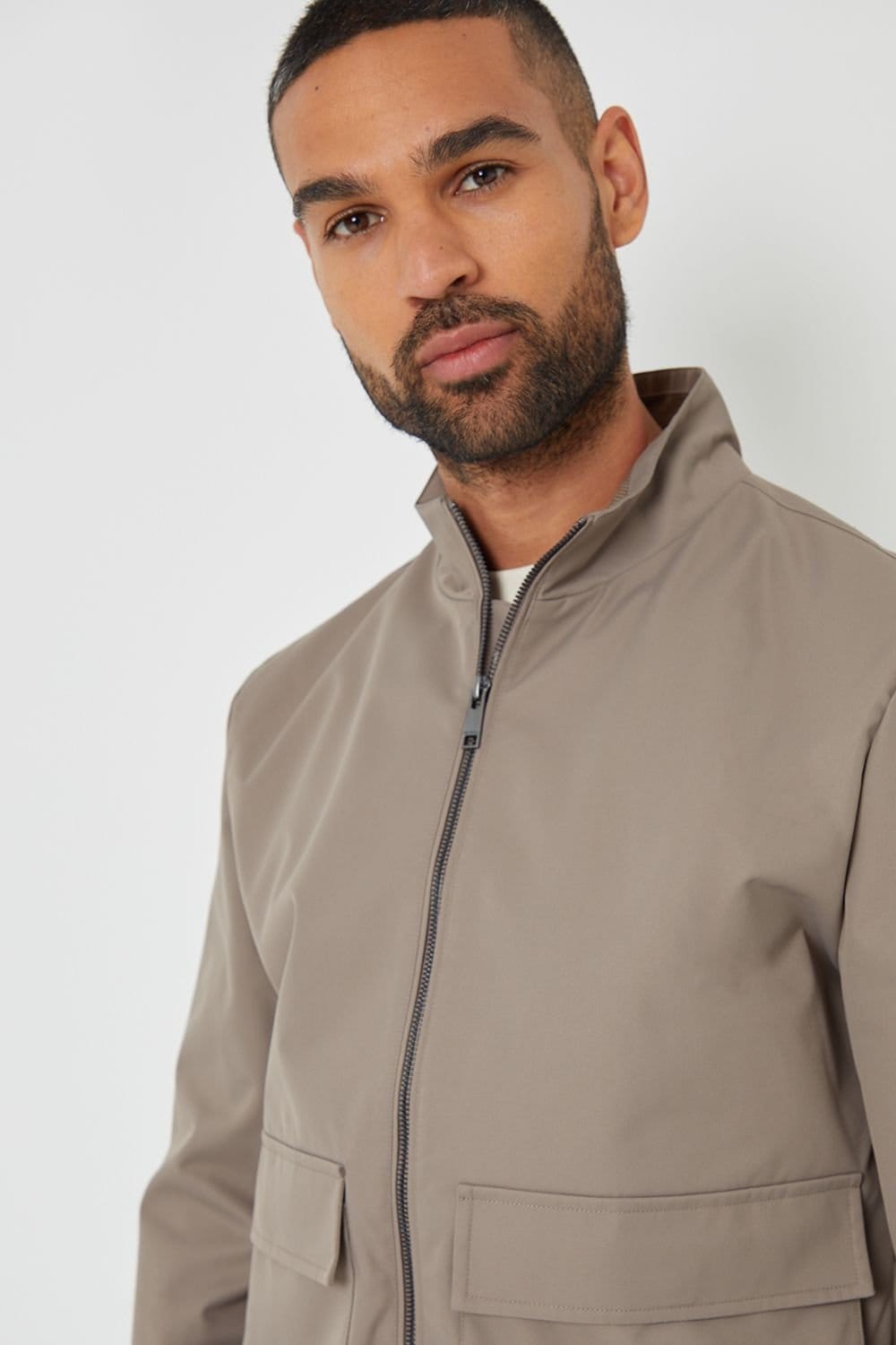 Threadbare Threadbare Men's Patch Pocket Funnel Neck Harrington Style Jacket in Taupe - 4