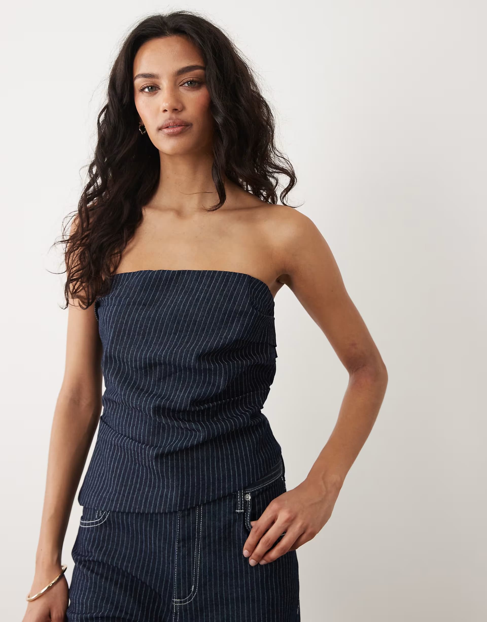 ASOS Mango Isola off shoulder denim top co-ord in dark blue stripe