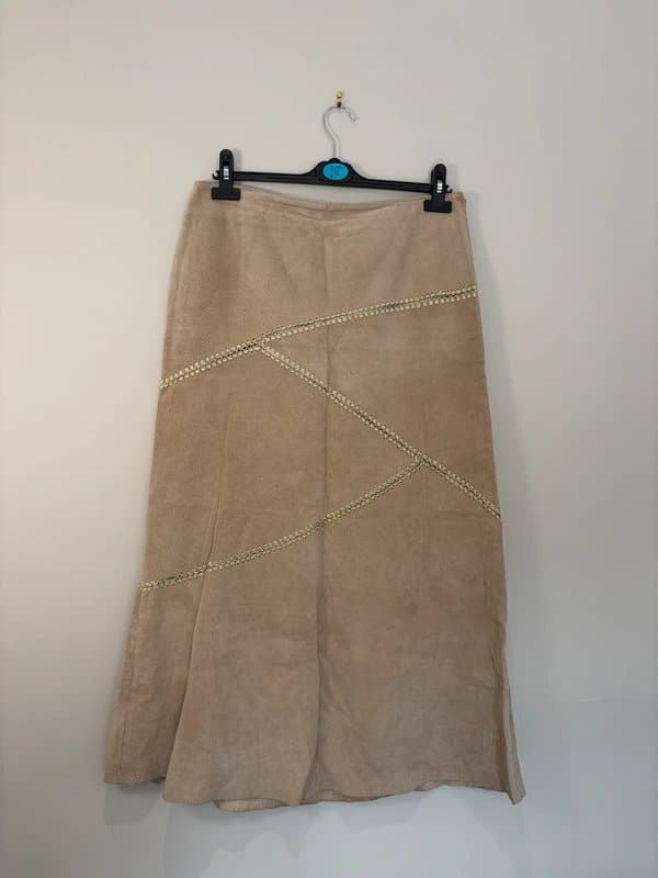 Detail Genuine Leather Midi Skirt UK 12 Beige Boho Panel Stitch Detail Y2K