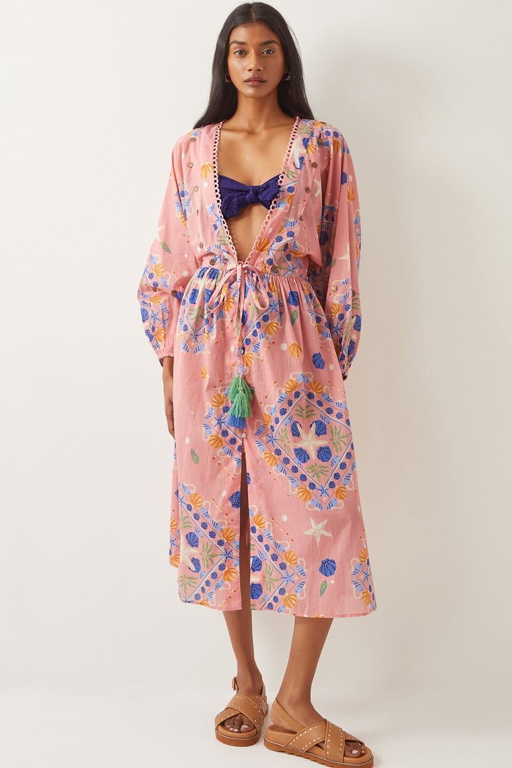 Monsoon Monsoon Women's Mabel Shell Print Cotton Kaftan Dress Orange