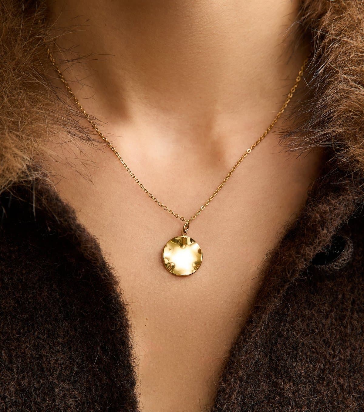 New Look Gold Tone Waterproof Circle Beaten Pendant Necklace New Look