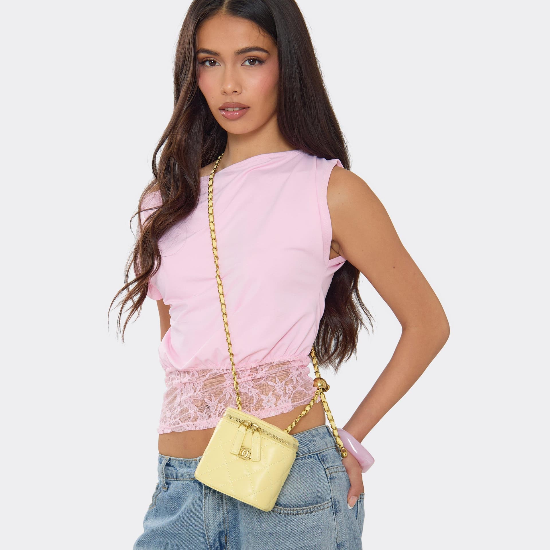 EGO Demy Zip Detail Cross Body Vanity Bag In Yellow Quilted Faux Leather, Women's Size UK 0