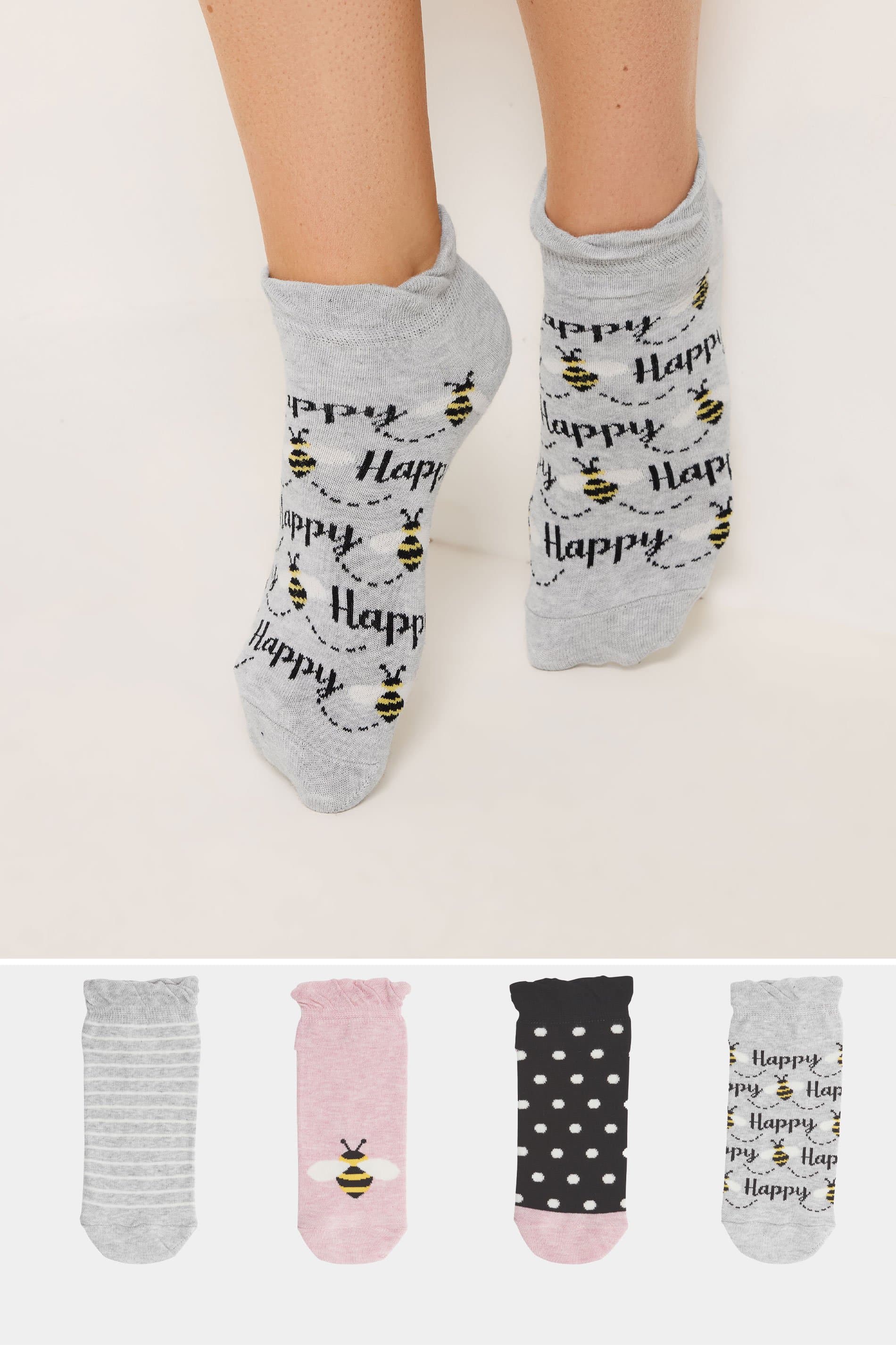 Yours 4 Pack Plus Size Grey & Pink Bee Print Ankle Socks