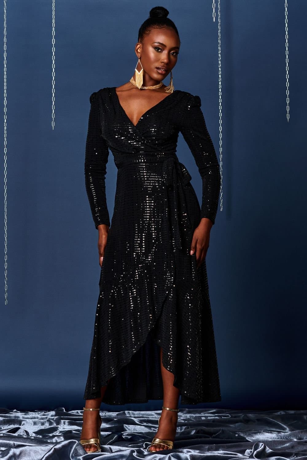 Jolie Moi Jolie Moi Women's Sparkly Wrap Frill Hem Maxi Dress in Black