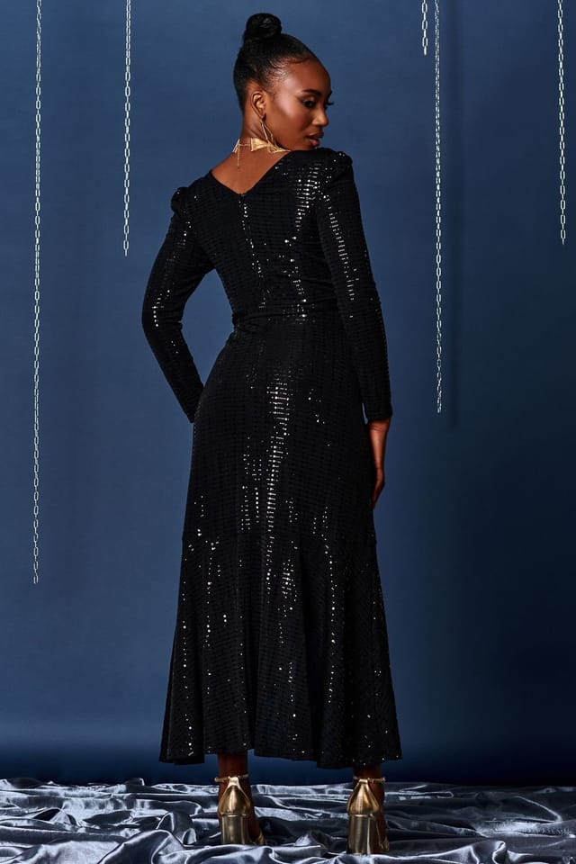 Jolie Moi Jolie Moi Women's Sparkly Wrap Frill Hem Maxi Dress in Black - 2