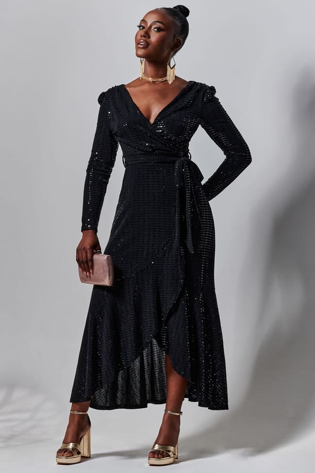 Jolie Moi Jolie Moi Women's Sparkly Wrap Frill Hem Maxi Dress in Black - 3