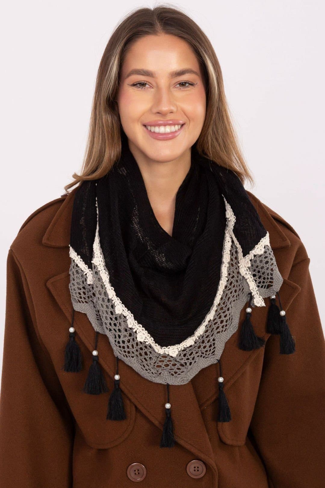 Love Lace Love Lace Women's Elegant Viscose Triangle Lace Scarf with Pearl Fringes Lightweight in Black