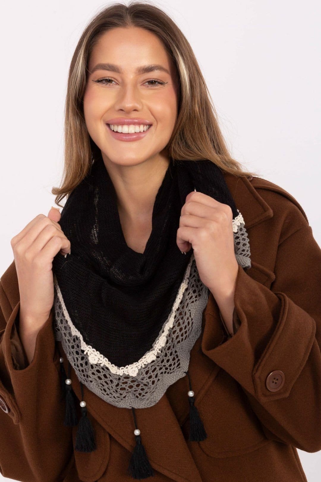 Love Lace Love Lace Women's Elegant Viscose Triangle Lace Scarf with Pearl Fringes Lightweight in Black - 4