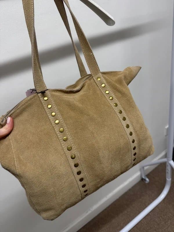 ASOS Beige Sand Gold Stud Genuine Leather Suede Handbag