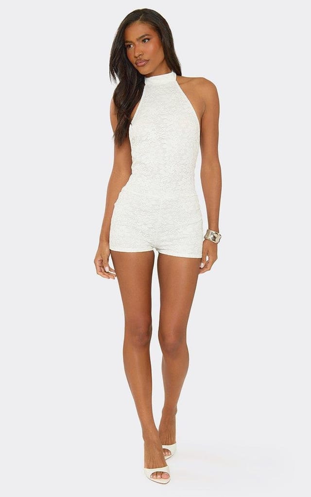 EGO High Neck Low Back Playsuit In White, Women's Size UK 6 - 2