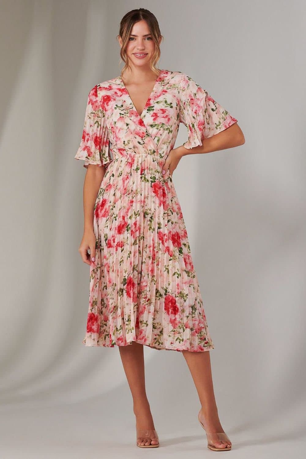 Jolie Moi Jolie Moi Women's Pleated Wrap Midi Dress in Light Pink