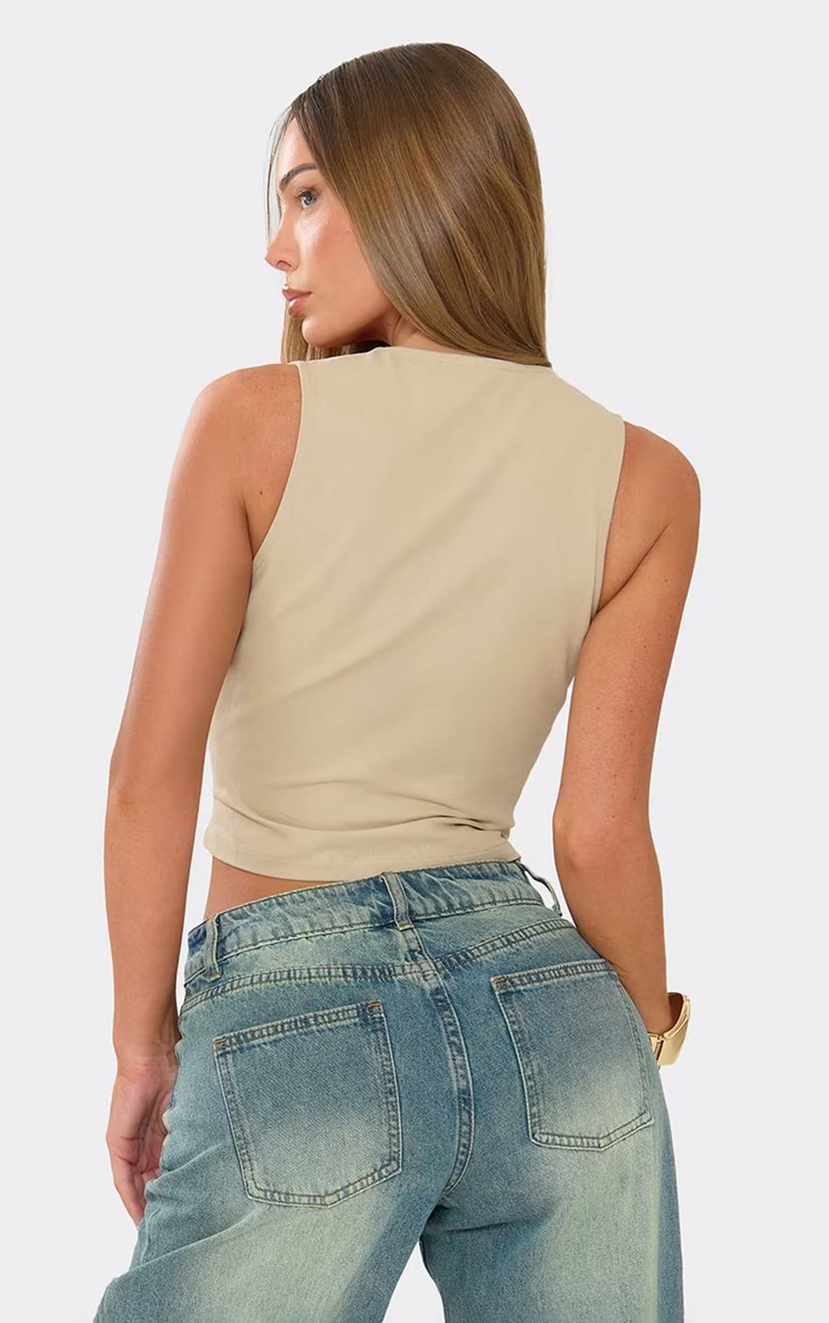 EGO Stone Woven Sleeveless Top With Plunge Neckline