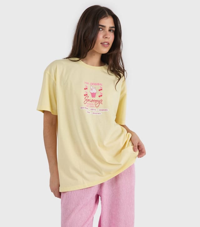 Skinnydip Women's Yellow Cotton Peanuts Snoopy Cafe T-Shirt Skinnydip New Look - 3