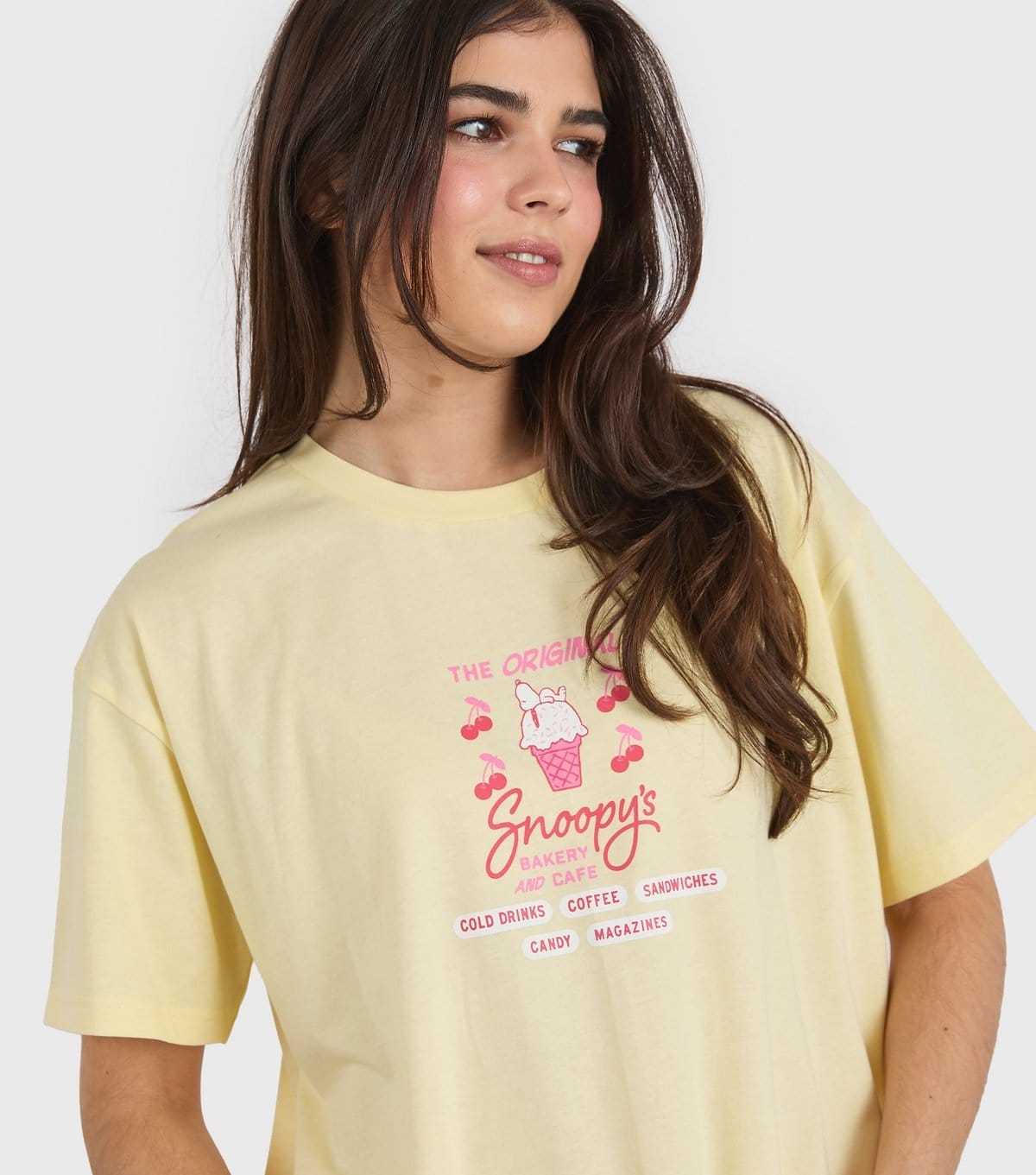 Skinnydip Women's Yellow Cotton Peanuts Snoopy Cafe T-Shirt Skinnydip New Look - 4
