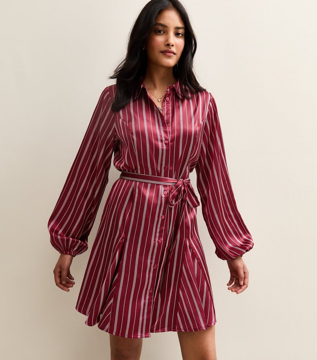 New Look Women's Burgundy Striped Satin Mini Shirt Dress New Look