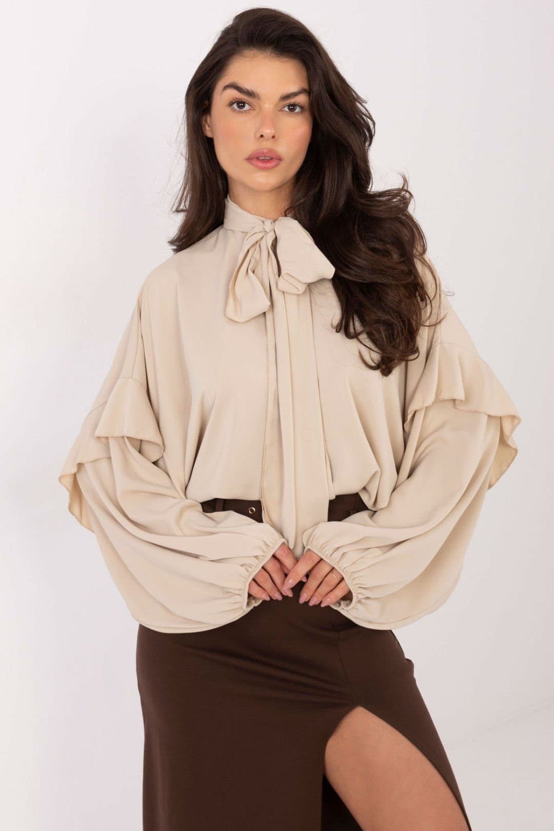 Love Lace Love Lace Women's Collarless Tie Neck Puff Sleeve Shirt in Beige