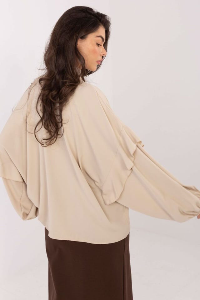 Love Lace Love Lace Women's Collarless Tie Neck Puff Sleeve Shirt in Beige - 3