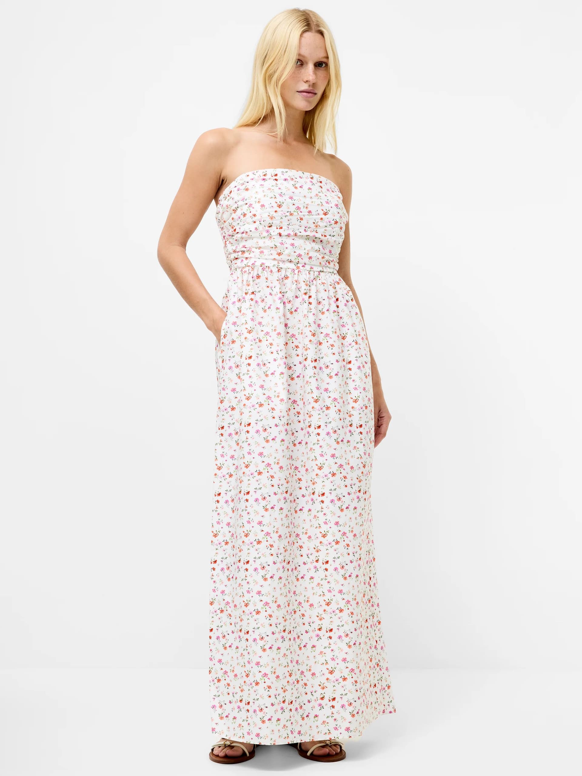 French Connection Nomi Cotton Bandeau Maxi Dress Cerise Pink Multi Floral Print