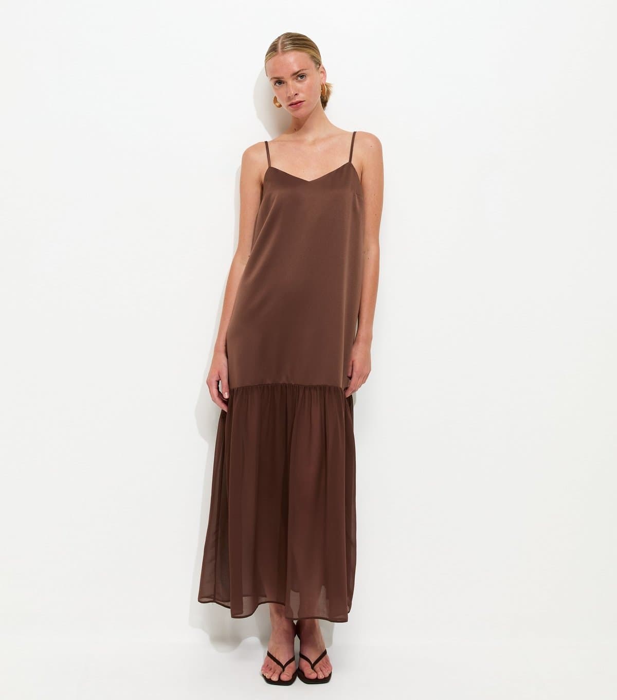 New Look Women's Dark Brown Satin and Chiffon Maxi Dress New Look