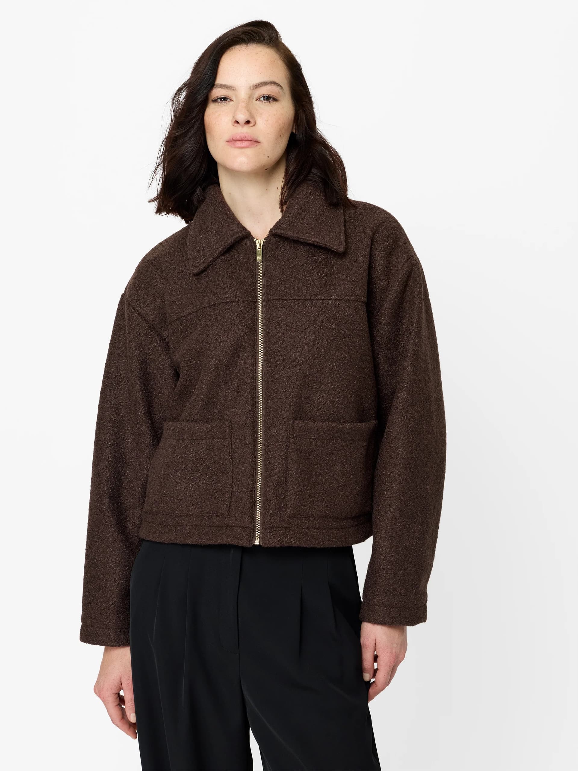 French Connection Brown Boucle Patch Pocket Jacket Bitter Chocolate