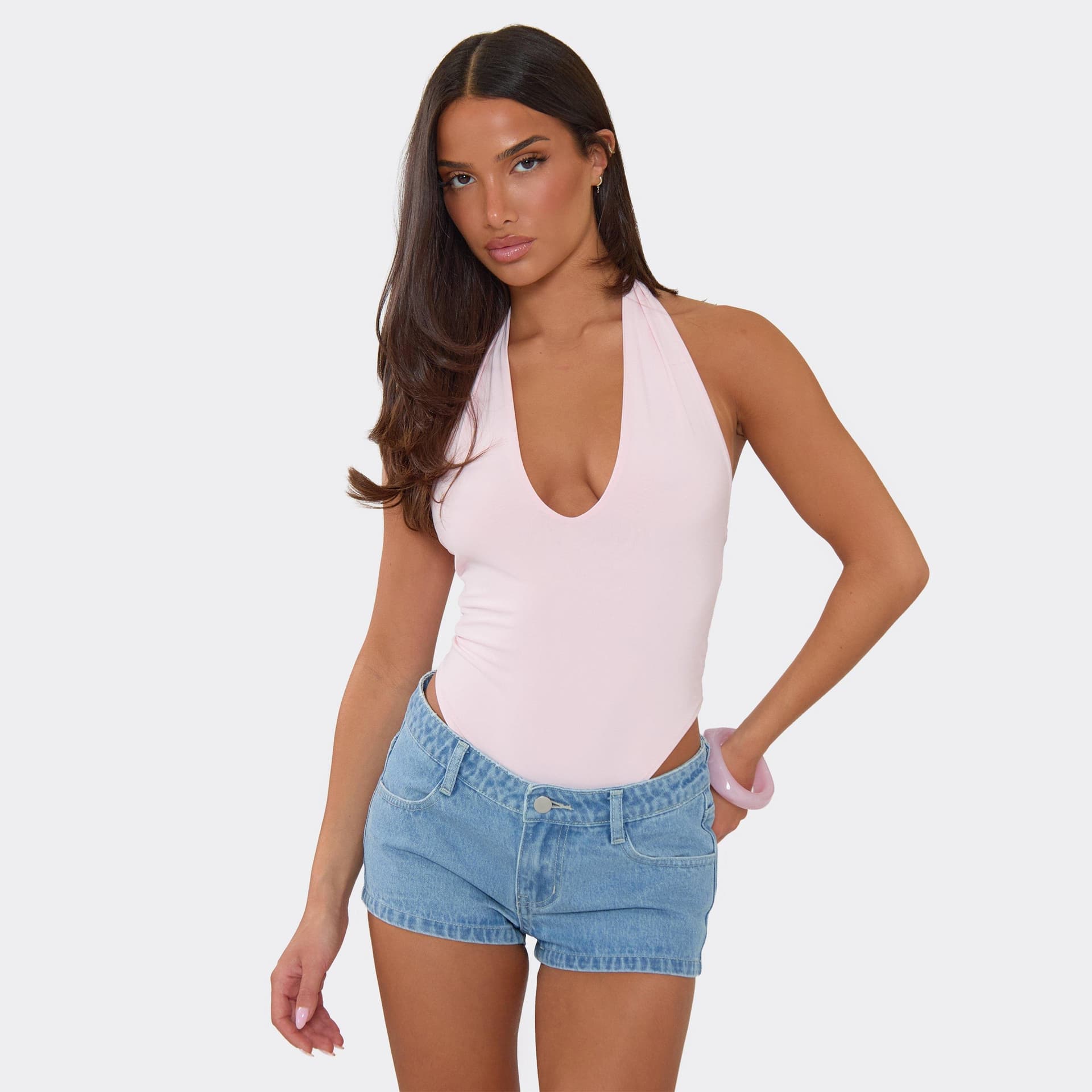 EGO Halterneck High Leg Bodysuit In Pink, Women's Size UK 6