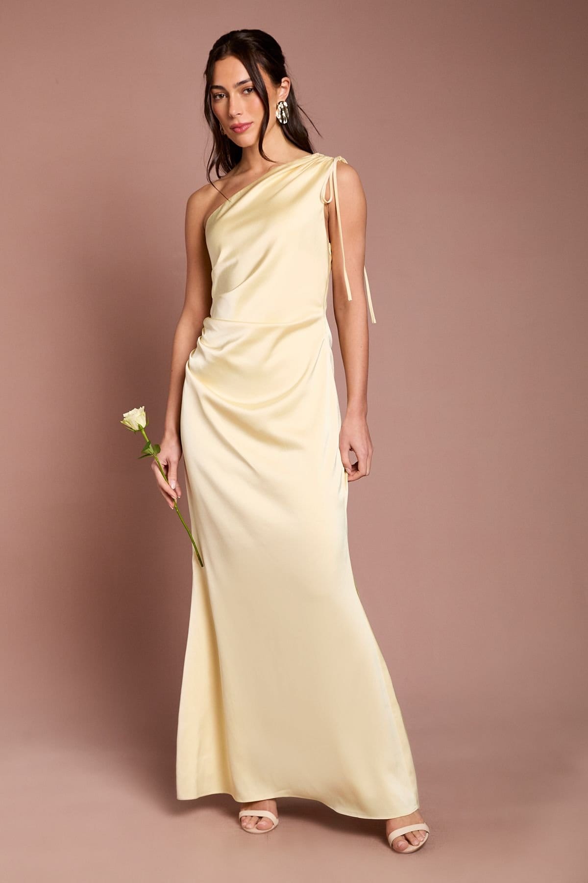 Oasis Butter Yellow Satin One Shoulder Maxi Bridesmaid Dress