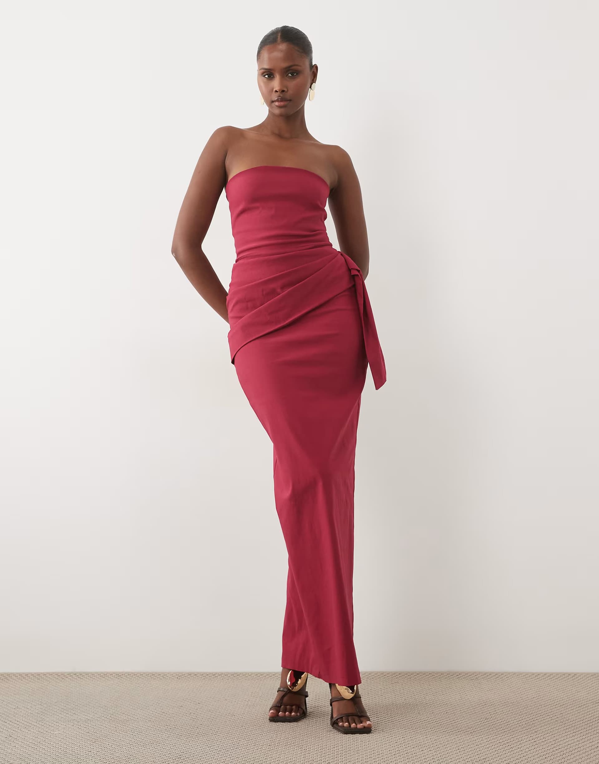 ASOS Vesper bengaline bandeau drape front detail maxi dress in berry