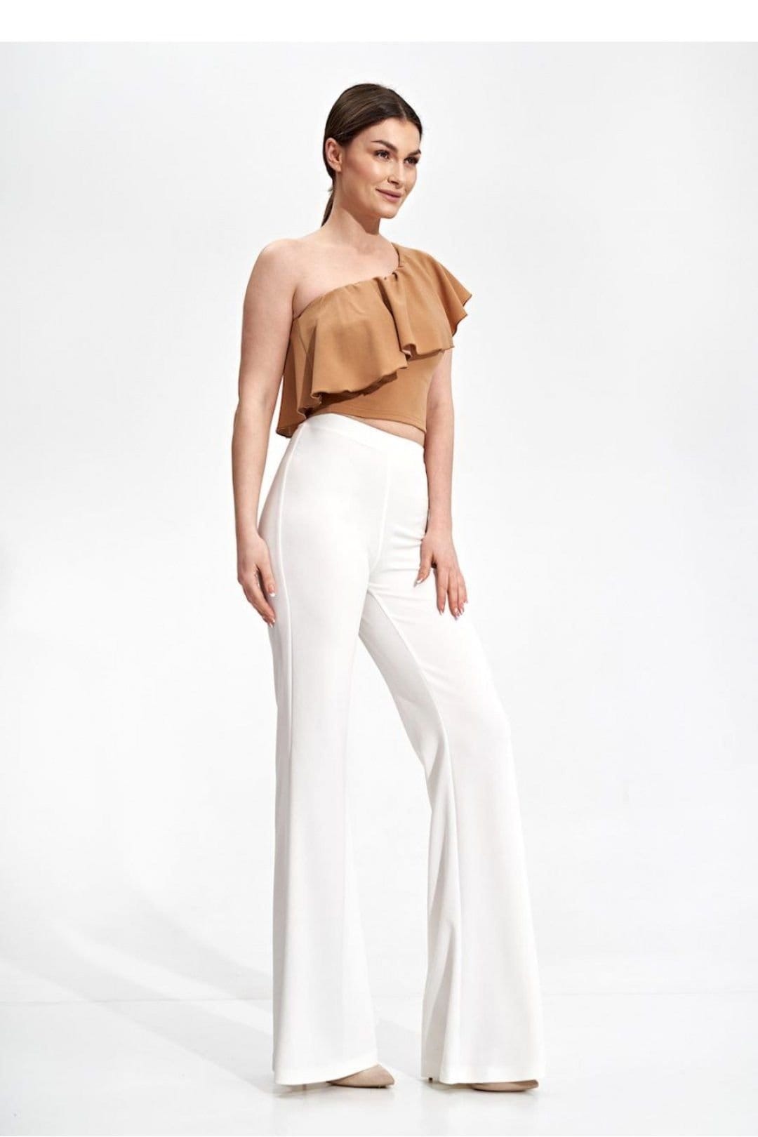 Love Lace Tan One Shoulder Ruffle Crop Top Blouse