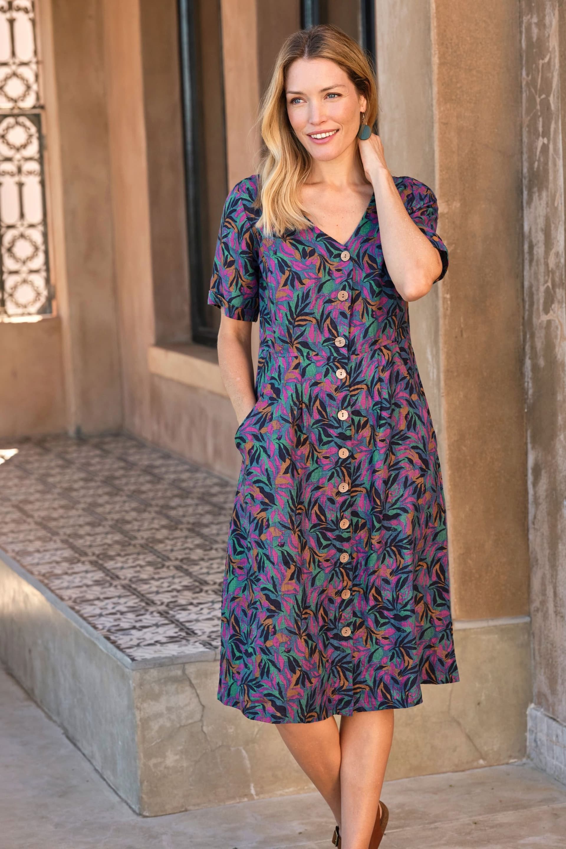WoolOvers WoolOvers Women's Button Through Linen Dress in Mid Navy