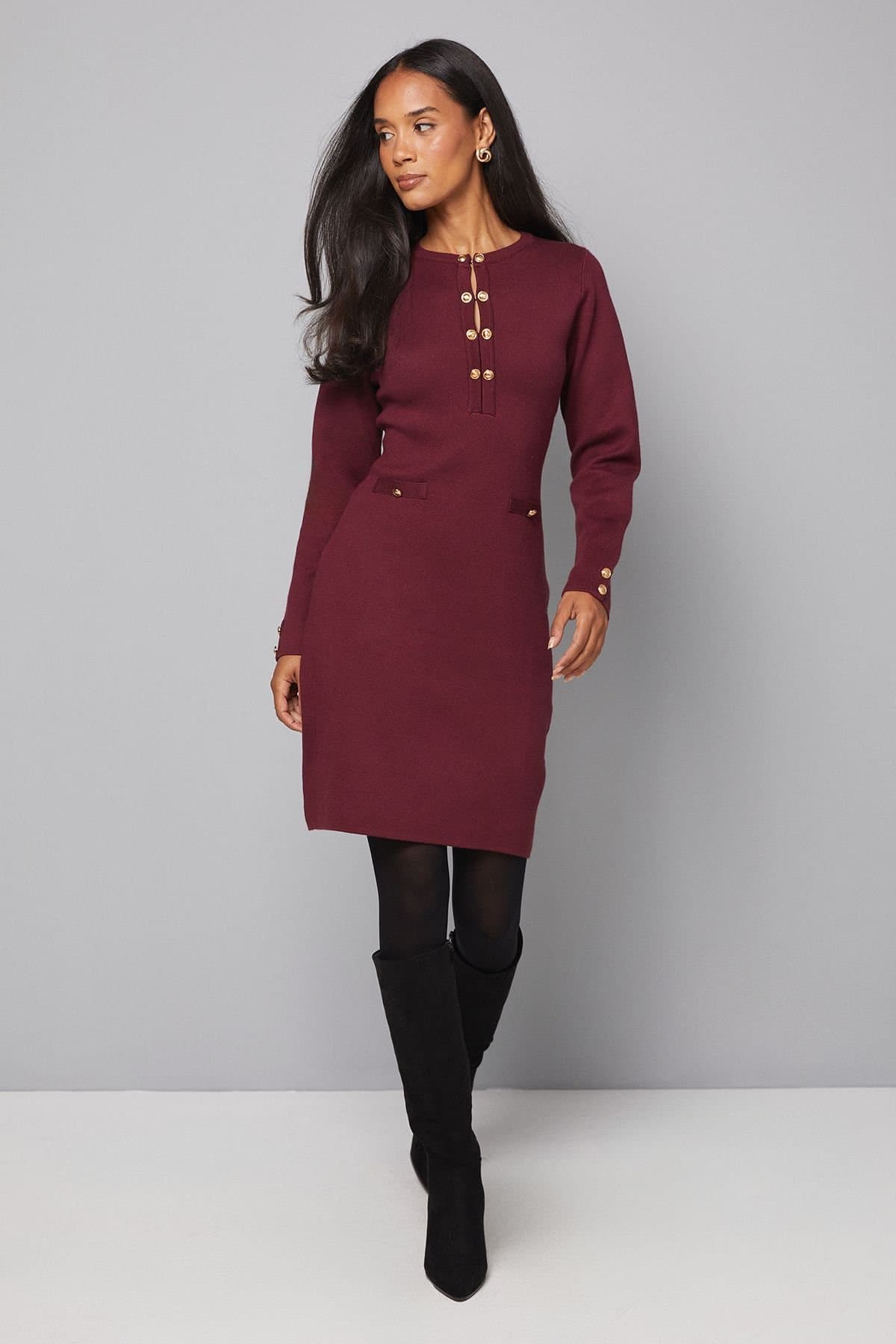 Wallis Wallis Women's Double Button Knitted Midi Dress in Burgundy