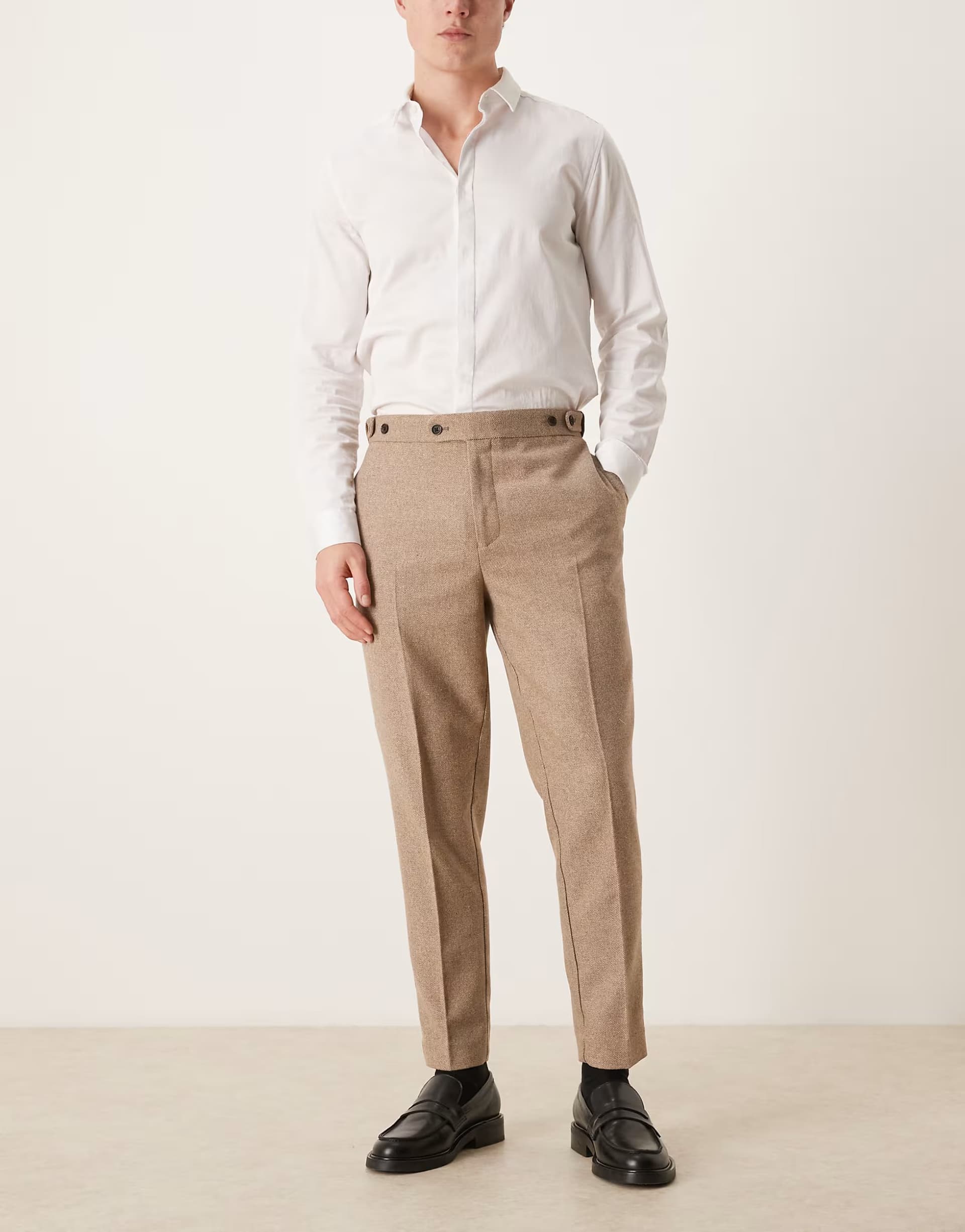 ASOS ASOS DESIGN smart tapered trousers with wool blend in dark stone with side adjustable waist - BROWN