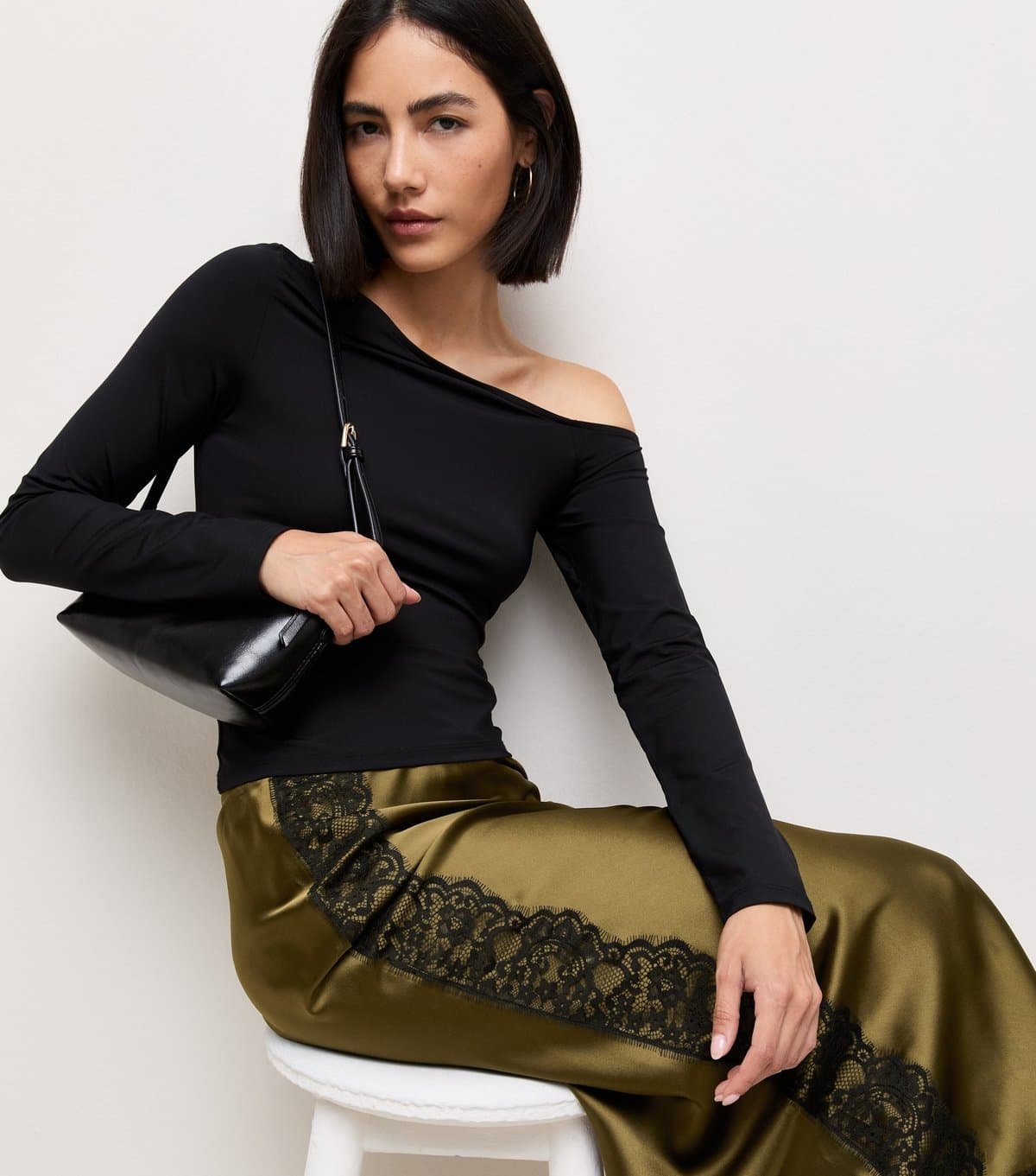 New Look Women's Light Khaki Satin Lace Trim Midi Skirt New Look
