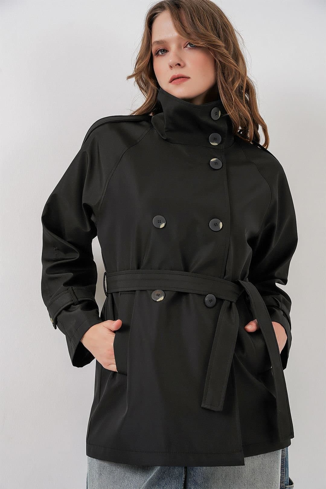 Big Dart Big Dart Women's Regular Fit Trench Coat with Jacket Collar in Black