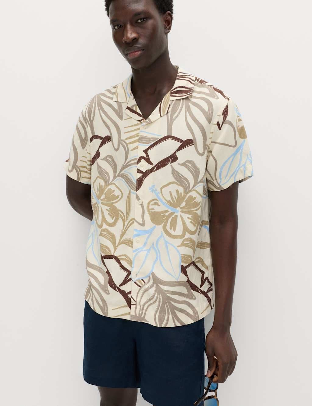 Marks & Spencer M&S Linen Blend Hawaiian Short Sleeve Shirt Ecru Mix