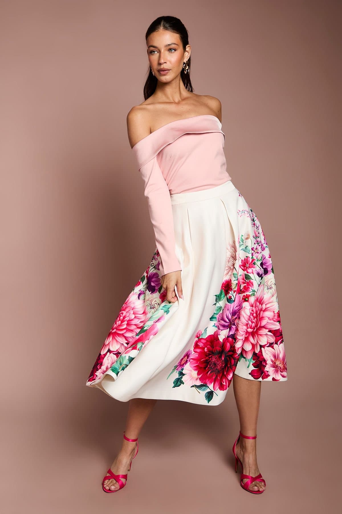 Coast Coast Women's Satin Midi Skirt With Placement Print in Ivory