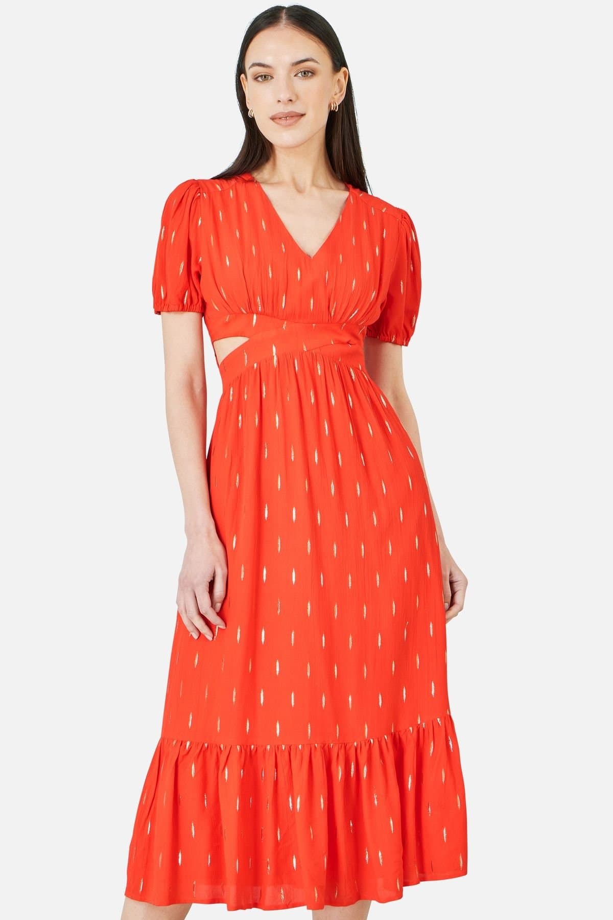 Yumi Yumi Women's Orange Foil Print Viscose Cut Out Midi Dress in Tangerine