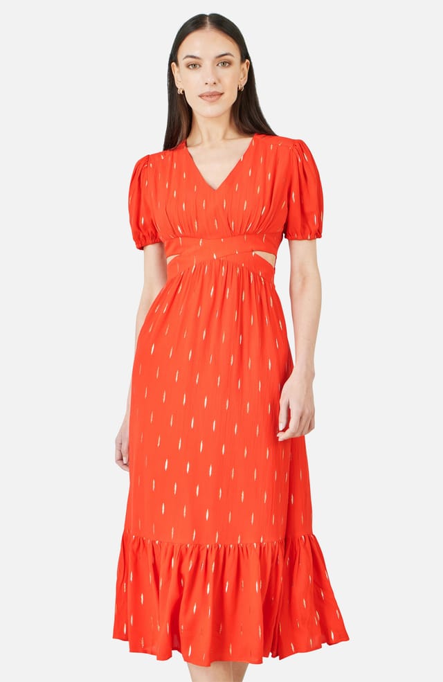 Yumi Yumi Women's Orange Foil Print Viscose Cut Out Midi Dress in Tangerine - 2