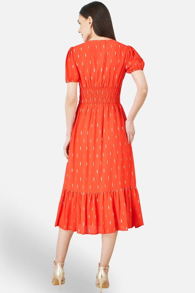 Yumi Yumi Women's Orange Foil Print Viscose Cut Out Midi Dress in Tangerine - 3