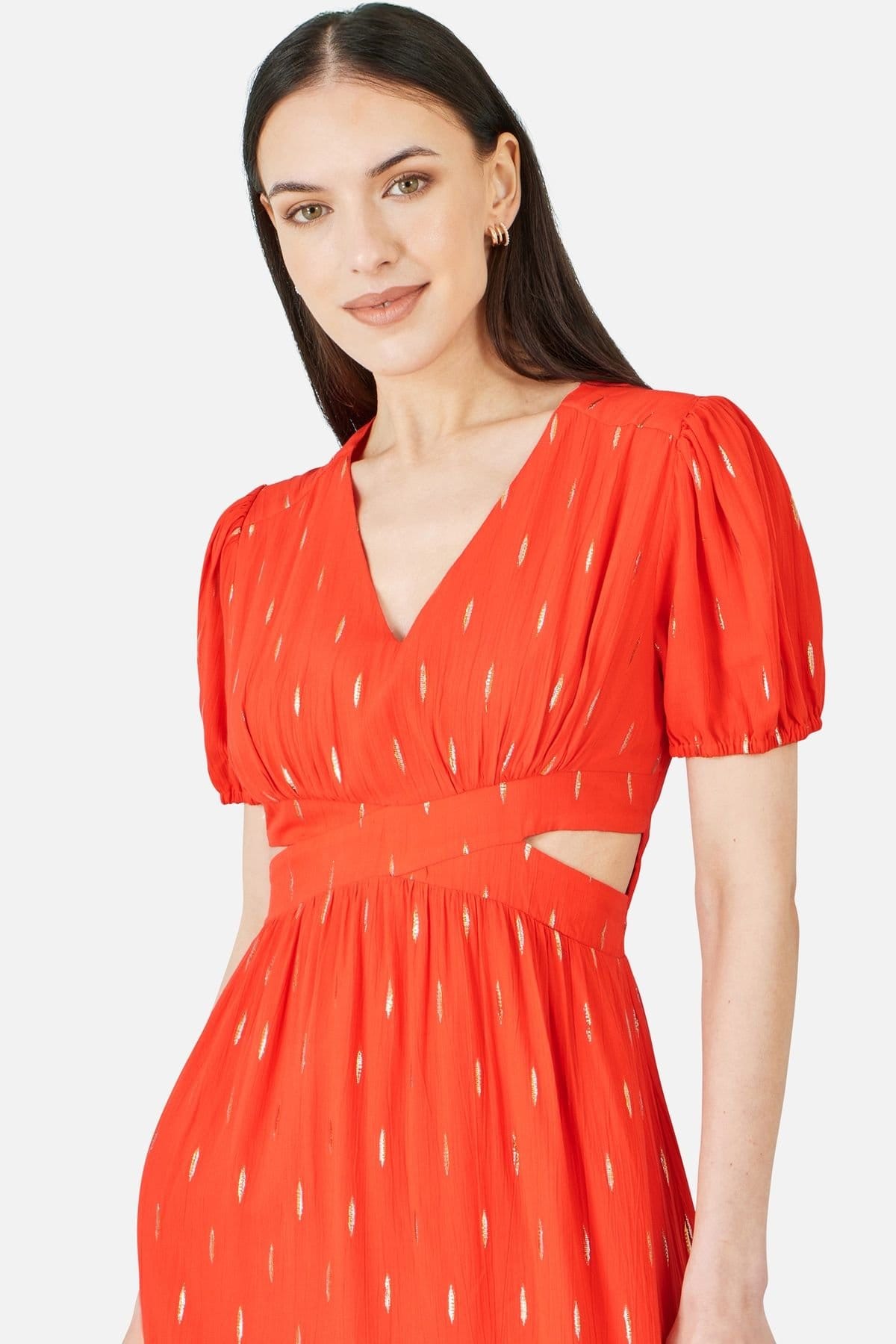 Yumi Yumi Women's Orange Foil Print Viscose Cut Out Midi Dress in Tangerine - 4