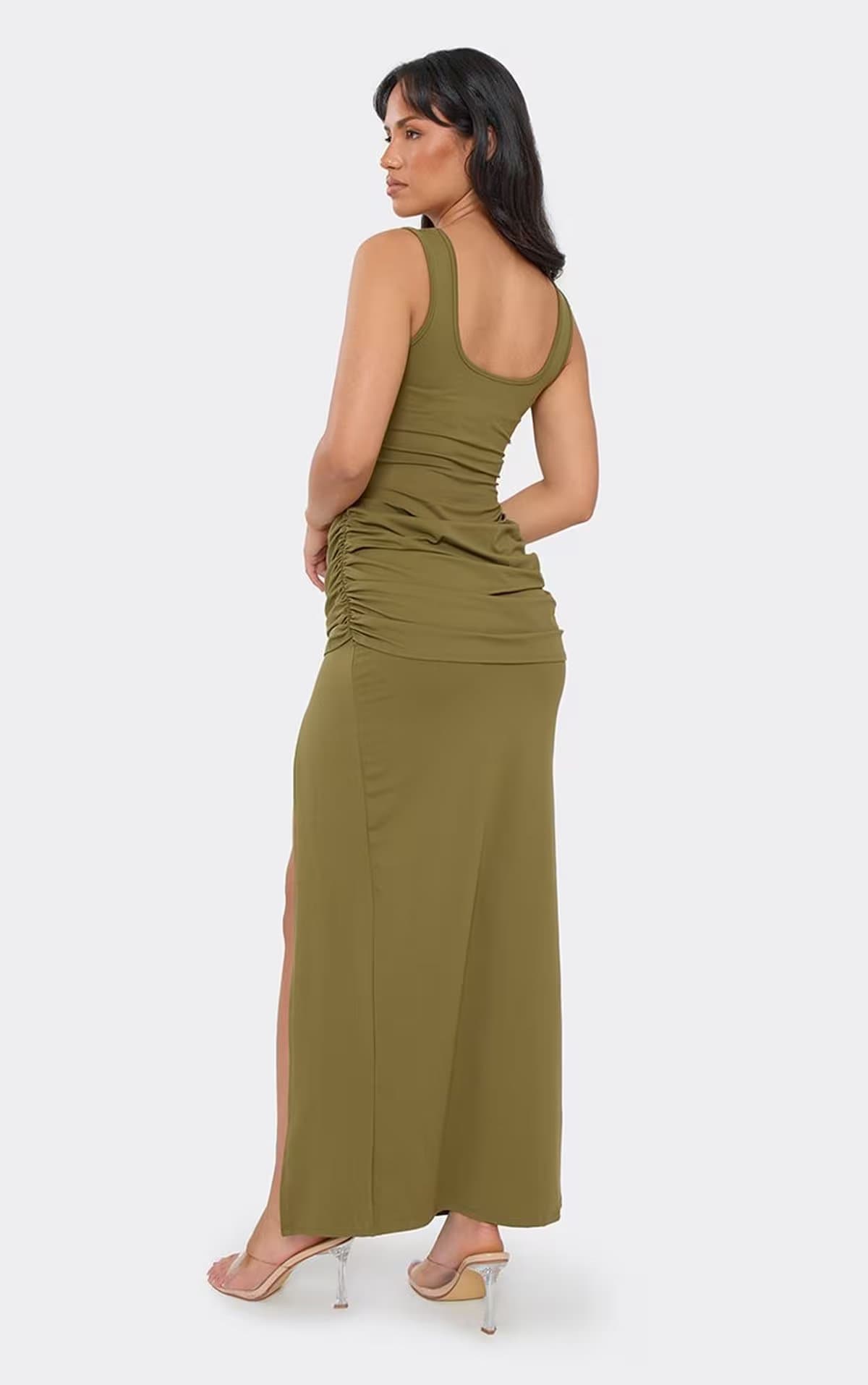EGO Scoop Neck Draped Front Maxi Dress In Khaki., Women's Size UK 6