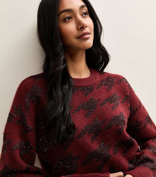New Look Women's Red Sparkle Houndstooth Knitted Jumper New Look - 2
