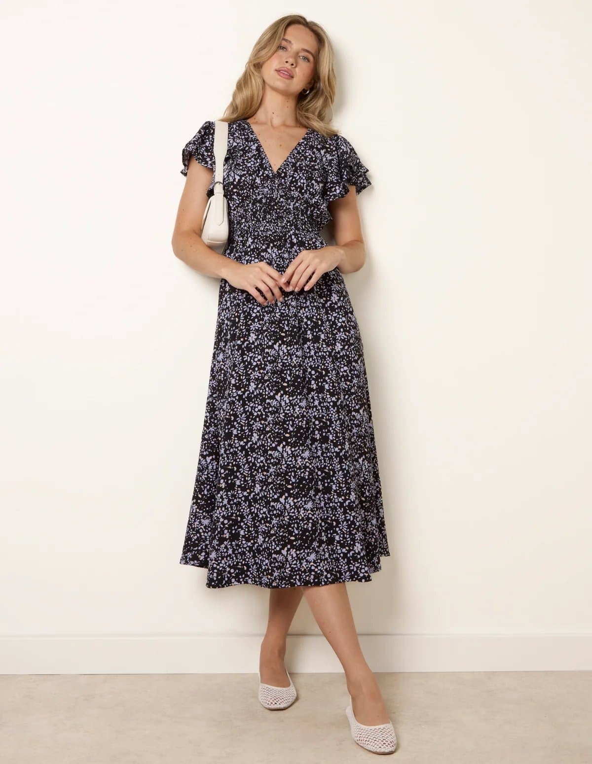 Blue Vanilla V Neck Flutter Midi Dress